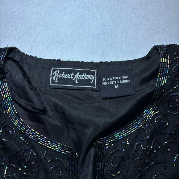 Robert Anthony Black Silk Beaded Open Cardigan Size Medium Party Holiday Dressy - Picture 5 of 6